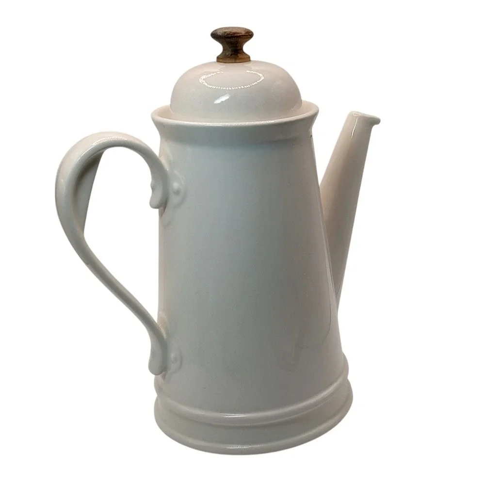 Vintage Stoneware Coffee Pot with Lid White Wooden Knob on Lid Ten Inch Six Cups
